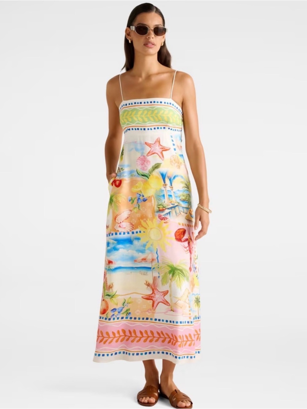 C&C California Multicolor Beach Print Maxi Slip Dress